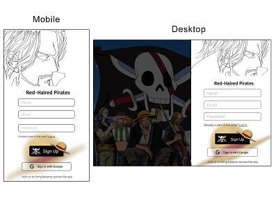 Red-Haired Pirates Sign Up page UI in mobile and desktop.