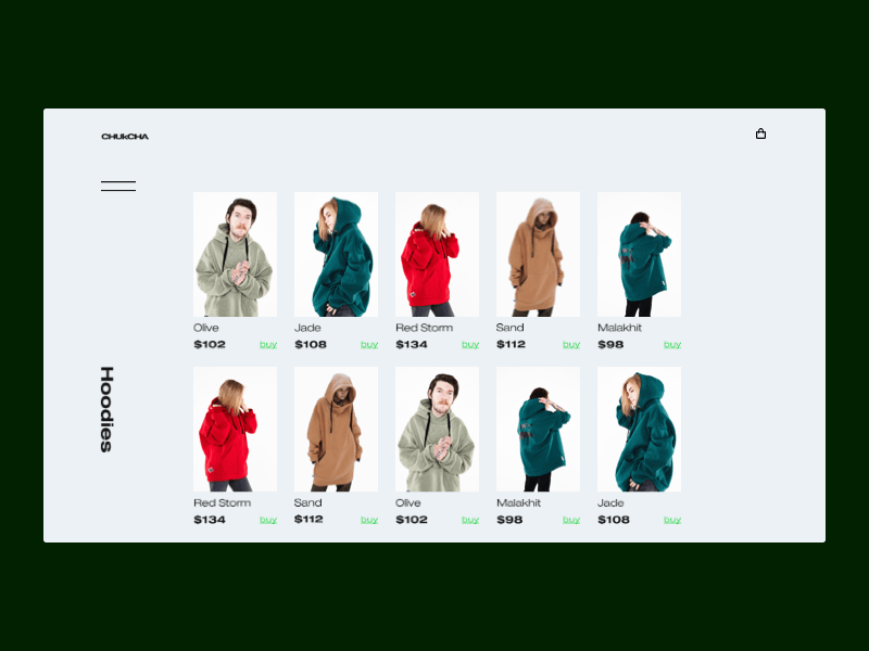 Concept for hoodie shop Chukcha animation catalog clothing dark interaction ui web