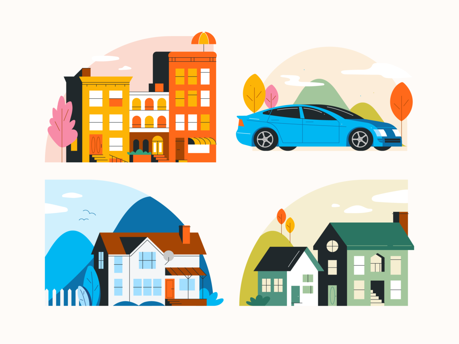 Property Protection Illustrations car illustration insurance house illustration colorful icons apartment homes vector flat illustration