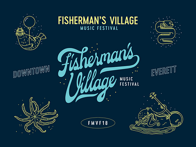 Fisherman's Village - Identity banjo branding identity illustration lettering linework music festival octopus typography washington