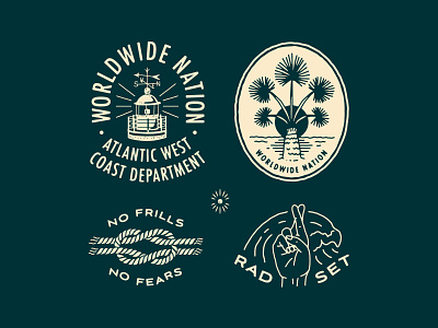 WWN Badge Set apparel badges beach design studio identity illustration knots lighthouse linework palm patches rope surfing typography wave