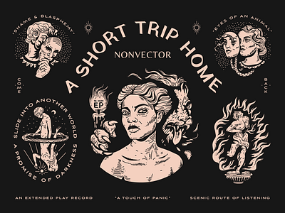 A Short Trip Home - An Extended Play Record branding brooklyn fire illustration linework lion man mask music nevada nyc packaging reno snakes typography woman