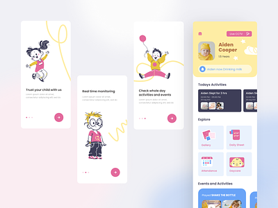 Mobile UI Design for a Daycare Centre adobexd cute daycare illustration kids mobile app onboarding play poppins yellow