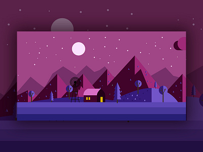 Illustration design drawing flat hill home illustration moon night purple star