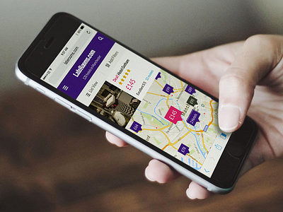 Laterooms - Mobile Hotel Search Results card filters hotels location map mobile pins rating responsive ui