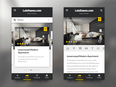 Laterooms Exclusive - Mobile App Concept app browse cards ios mobile rating rooms search travel