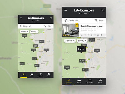 Laterooms Exclusive - Map Navigation Concept - Mobile App apps filters hotels ios luxury maps pins rooms search