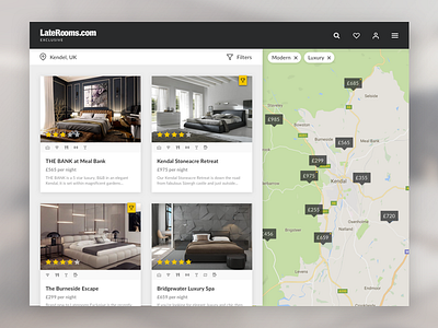 Laterooms Exclusive - Desktop Search Concept desktop filters hotels luxury maps pins rooms search