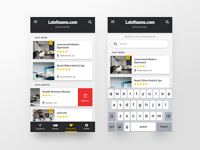 Laterooms Exclusive - My Favourites - Mobile App app apple cards concept design favorites favourites hotel booking hotels ios ios7 laterooms list rooms search ui
