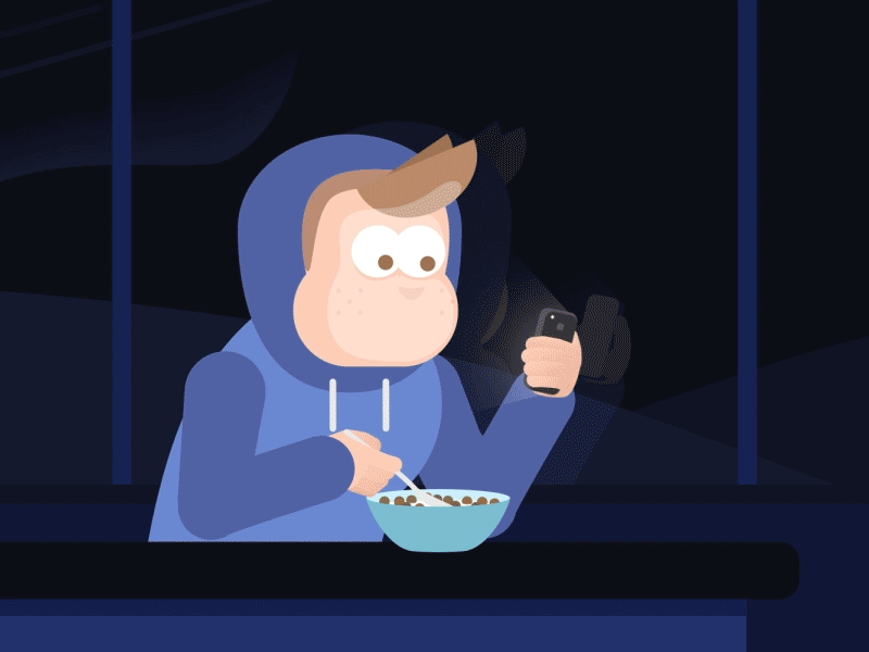 Social Media Addiction 2.5d animation cereal character gif illustration kitchen loop milk night phone social media spoon
