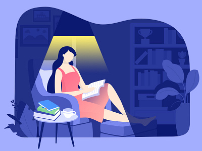 Reading time book cap character design flat night read ui