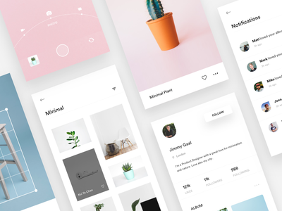 Profile, Camera & Editor screens album app camera clean discover interface minimal profile ui ux white