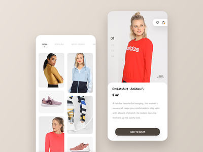 Shop app - discover and add to cart. app buy clothing details discover e commerce explore minimal mobile shop ui
