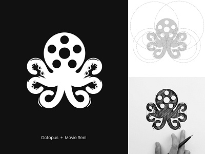 Octopus film Reel logo amazing business solution amitspro logo designer brand identity service creative negative space entertainment company logo media agency icon octopus movie reel professional graphic work social media branding unique clean logo