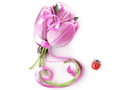 Tulip 3d g.ua icon ladybug leaf logo pink plant ribbon tulip