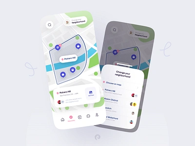 Let's meet your neighborhood 🤝 app clean colors concept design ios map minimal mobile mobile app nearby neighborhood neighborhoods social media ui