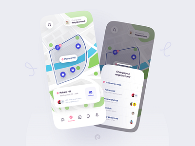 Let's meet your neighborhood 🤝 app clean colors concept design ios map minimal mobile mobile app nearby neighborhood neighborhoods social media ui