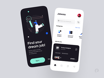 Jobeasy ― Job finder app 📌 app blue clean colors dark design finder illstration ios job job application minimal mobile mobile app mobile ui offer ui