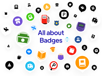 Localy Badges - Map kit × 6 Cities in 10 Styles badges clean coffee colors design gas illustration kit map map kit minimal parking pin pizza police shopping ui university