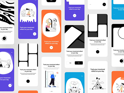 Onboarding UI Kit 🧡 app clean colors dark design graphic design illustration ios minimal mobile mobile app on-boarding onboarding orange purple splash ui
