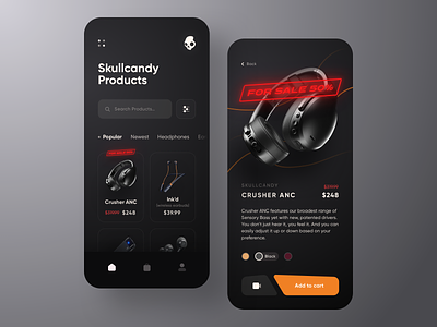 Skullcandy Online Store App 💀🎧 app black clean colors concept dark design ecommerce forsale headphone ios minimal mobile mobile app orange product page shop shopping store ui