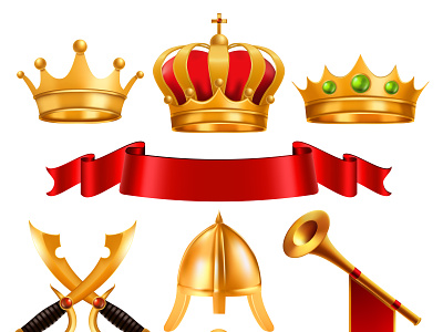 Gold Crown Vector 3d crown emblem emperor gold golden icon illustration isolated jewelry king medieval monarchy princess queen red royal set symbol vector