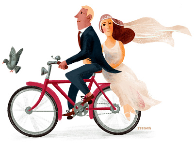 Just Married bicycle bike bike ride cyclists fiets illustration married textured wedding