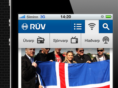 Mobile web for The Icelandic National Broadcasting Service blue icons iphone menu mobile ui web