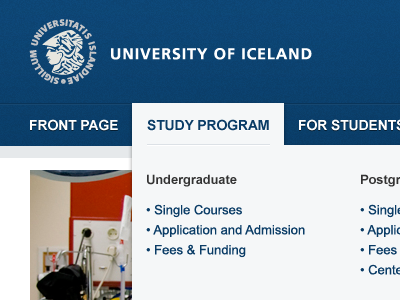 University of Iceland blue mega menu menu university web design website