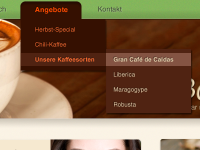 Jacinta’s Café-Bar — navigation / main page brown coffee green header highlight navigation orange rounded edges shadow web design