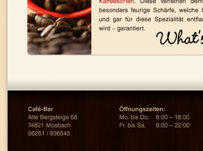 Jacinta’s Café-Bar — footer / main page brown coffee contrast footer maroon red rounded edges shadows web design wood
