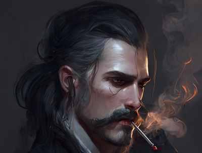 Dark haired witcher with big mustache smoking a cigarette, smoke 3d graphic design illustration
