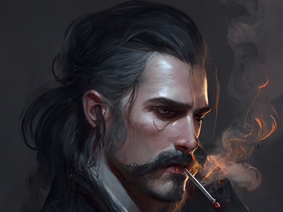 Dark haired witcher with big mustache smoking a cigarette, smoke
