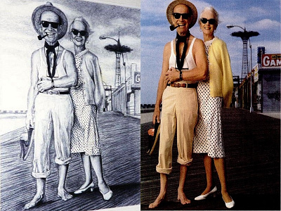 Jessica Tandy & Hume Cronyn ad advertisement atlantic city black and white boardwalk couple drawing interpretation portrait sunglasses