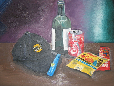 Still Life Candy bottle candy coca cola hard rock cafe hat impressionism kazoo mr goodbar skittles soda still life
