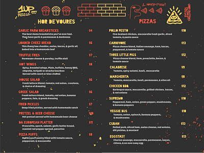 1UP Hor De'Voures & Pizza Menu hor devoures menu design pizza pizza menu