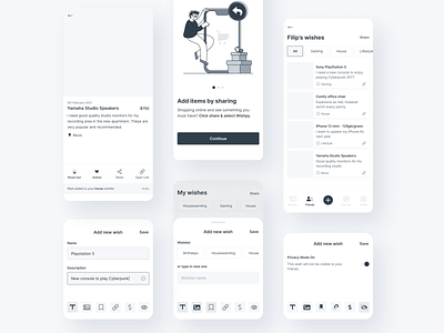 Wishpy - Mobile App Wireframes app app design clean grayscale high fidelity illustration minimalism mobile mobile app wireframes product design user experience ux wireframe wireframes wireframing wish wish card wish list wishes wishlist