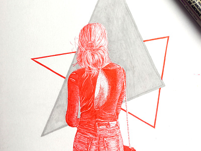 Triangle Woman copic drawing hand drawn handdrawn hatching illustration ink inking pen purse red ink stipple woman