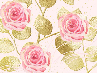 Pink Roses Pattern, Golden Leaves dust flower pattern. golden leaves pink powder roses