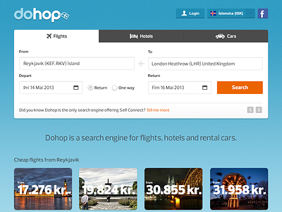 Dohop blue clean flat flight login menu tabs travel web website
