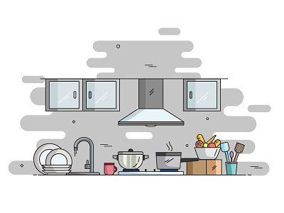 Kitchen bowl cookwares cupboard geometry illustration kitchen kitchen hood pipe plates spoons stove vegetables