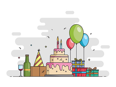 Birthday Bash balloons birthday cake candle gift boxes hat illustration party sweet wine bottle wine glass yummy