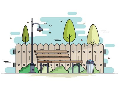 Park bench bushes crows dust bin fence geometry illustration park pastel street lamp trees
