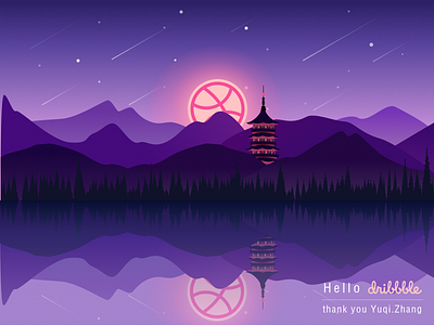 Hello Dribbble lake，pagoda night，west