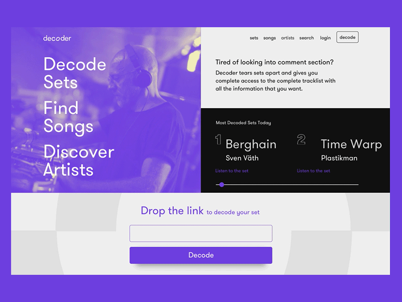 Decoder - Header animation dj electronic flat interface music purple slider techno typography