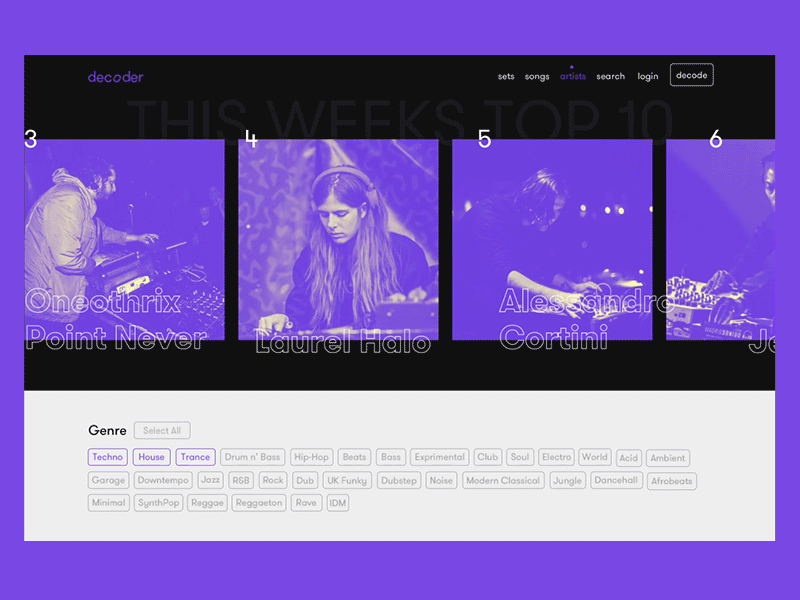 Decoder - Artists Page animation dj drag electronic flat interface music purple slider techno typography