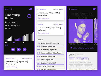 Decoder - Mobile dj electronic flat interface mobile music purple responsive techno typography