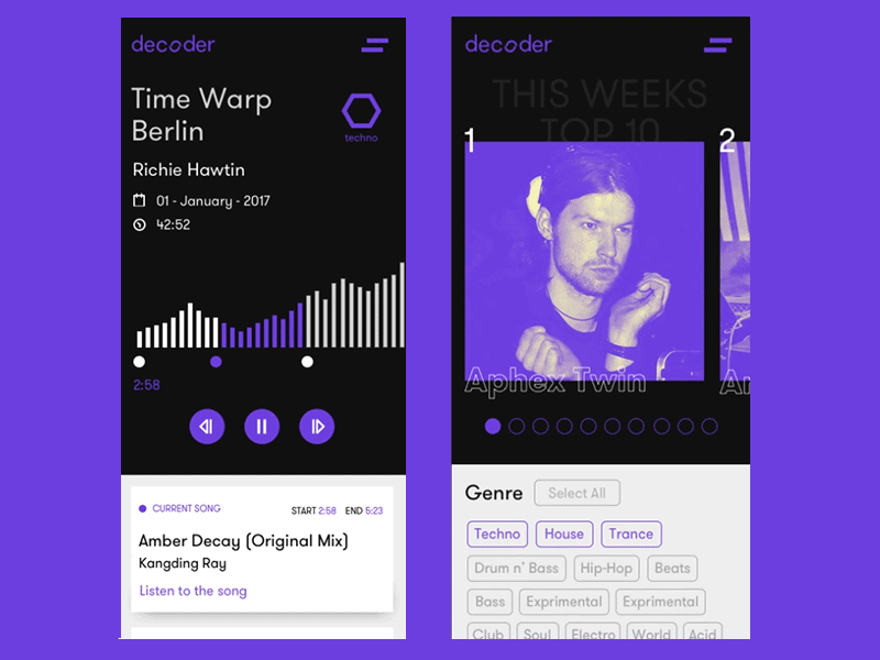 Decoder - Mobile Animations dj electronic flat interface mobile music purple responsive techno typography