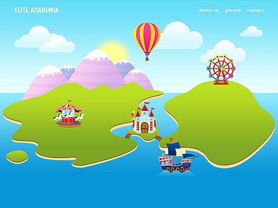 "Elite Academia" Landing balloon castle child color island landing playground ship vector web