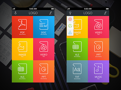 "File Manager App Kit" Main application colorful file flat icon ios iphone kit manager menu ui